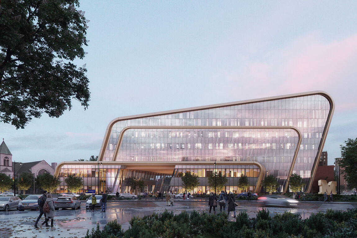 This artist’s rendering shows an exterior view of the U-M Center for Innovation in Detroit