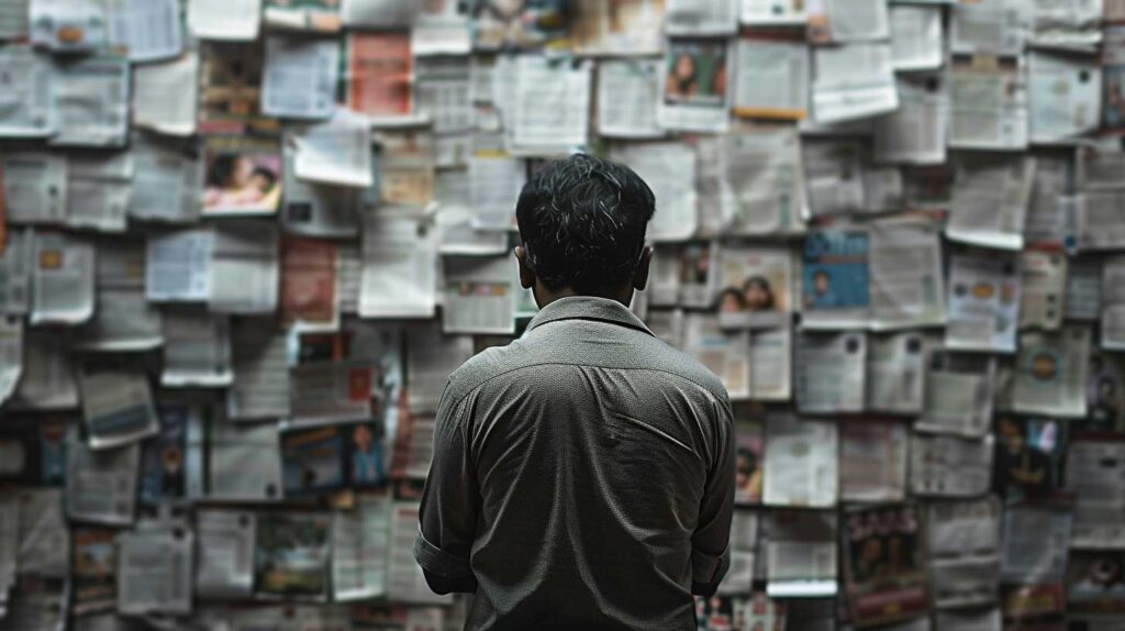 Concept illustration of a man in India looking at newspapers. Image credit: Nicole Smith, made with Midjourney