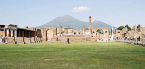 Mount Vesuvius rising above the ruins of the ancient Roman city of Pompeii