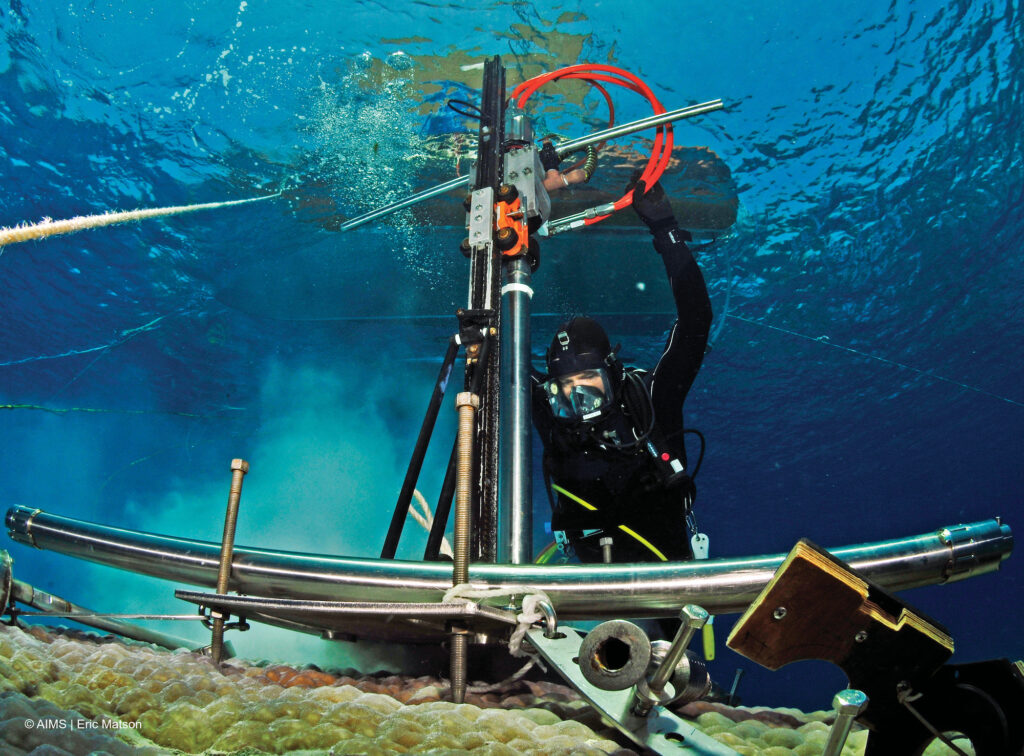 Hydraulic coral coring. Image credit: Eric Matson, Australian Institute of Marine Science