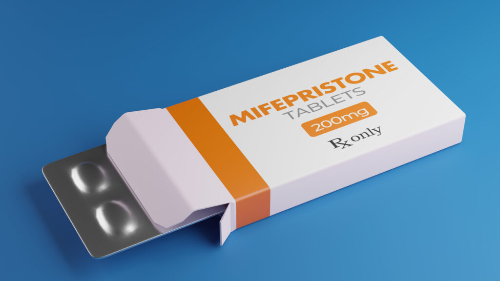 Mifepristone tablets in box. RU-486 Medical abortion pills. Used in combination with misoprostol 3D rendering. Image credit: Carl Lokko, iStock