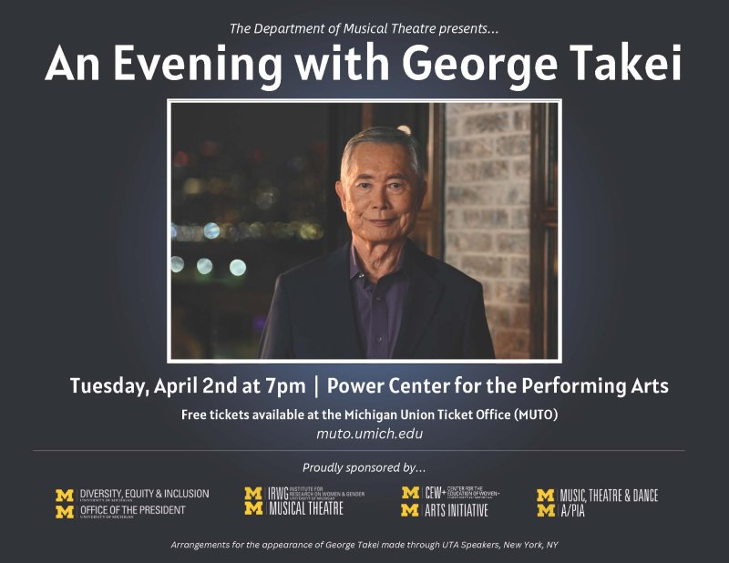 Event flyer: An Evening with George Takei Presented by The Department of Musical Theatre.