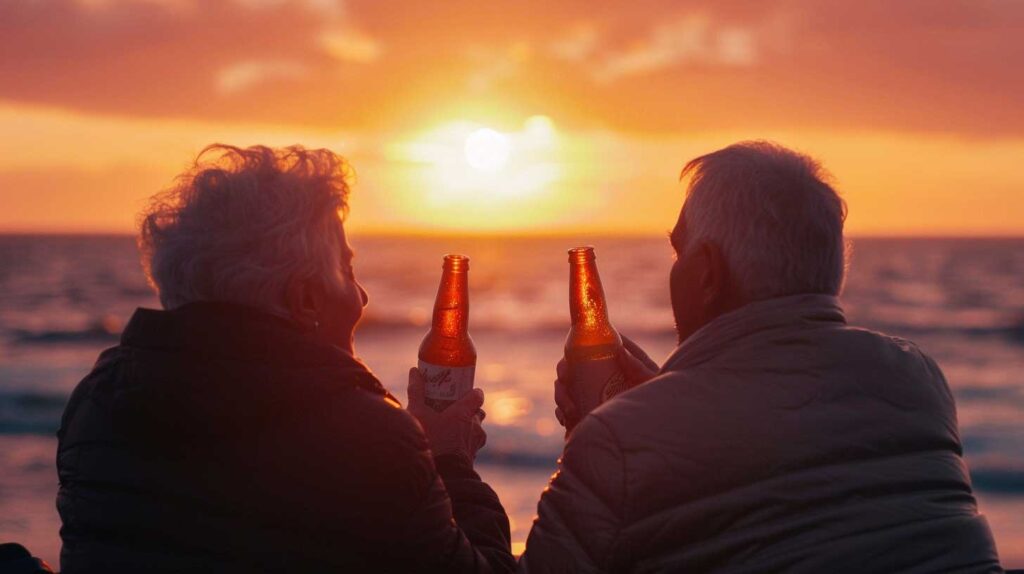 Concept photo of an older couple drinking alcohol together at sunset. Image credit: Nicole Smith, made with Midjourney