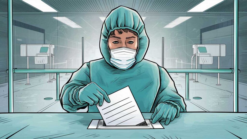Concept illustration of a person wearing a protective mask and gloves, carefully handling a ballot at a polling station. Image credit: Nicole 
Smith, made with Ideogram