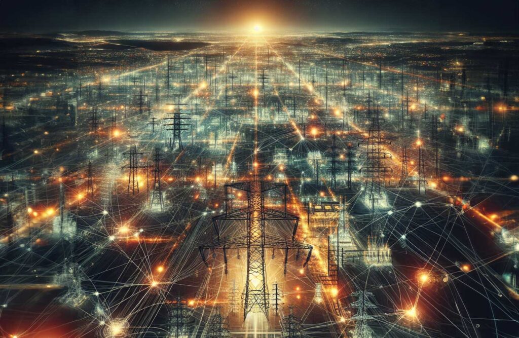 Concept illustration of an electrical grid. Image credit: Nicole Smith, made with DALL-E3