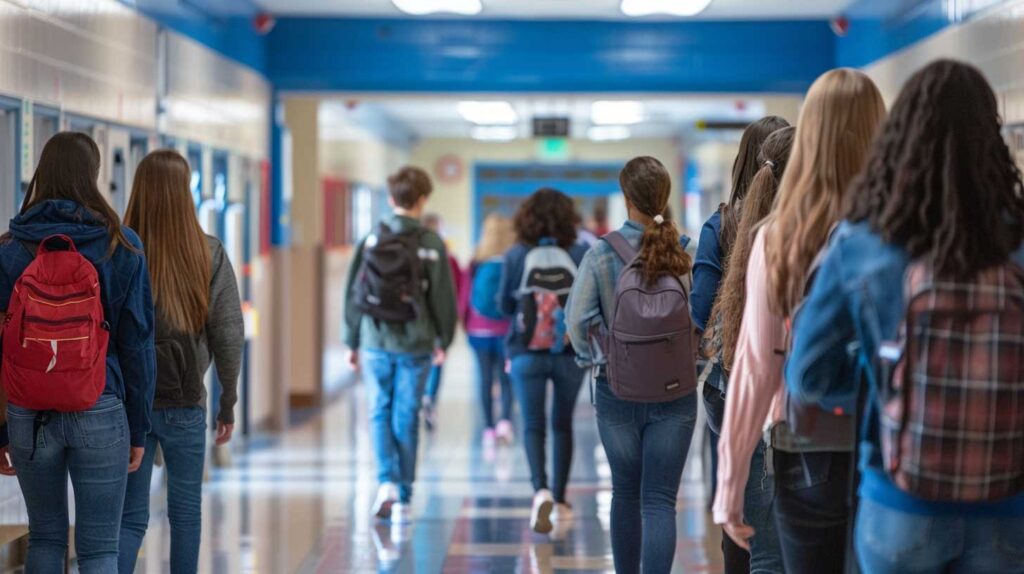 Concept illustration of students in a school hallway. Image credit: Nicole Smith, made with Midjourney