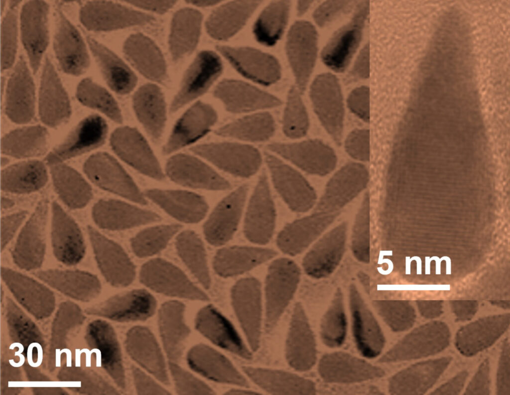 Teardrop-shaped particles are arranged in a mosaic pattern. An inset in the upper right corner of the image shows a close up view of one of the particles. Two scale bars reveal that the particles are around 30 nanometers long and 5 nanometers wide.