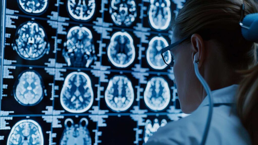 Concept illustration of a doctor examining brain X-rays. Image credit: Nicole Smith, made with Midjourney