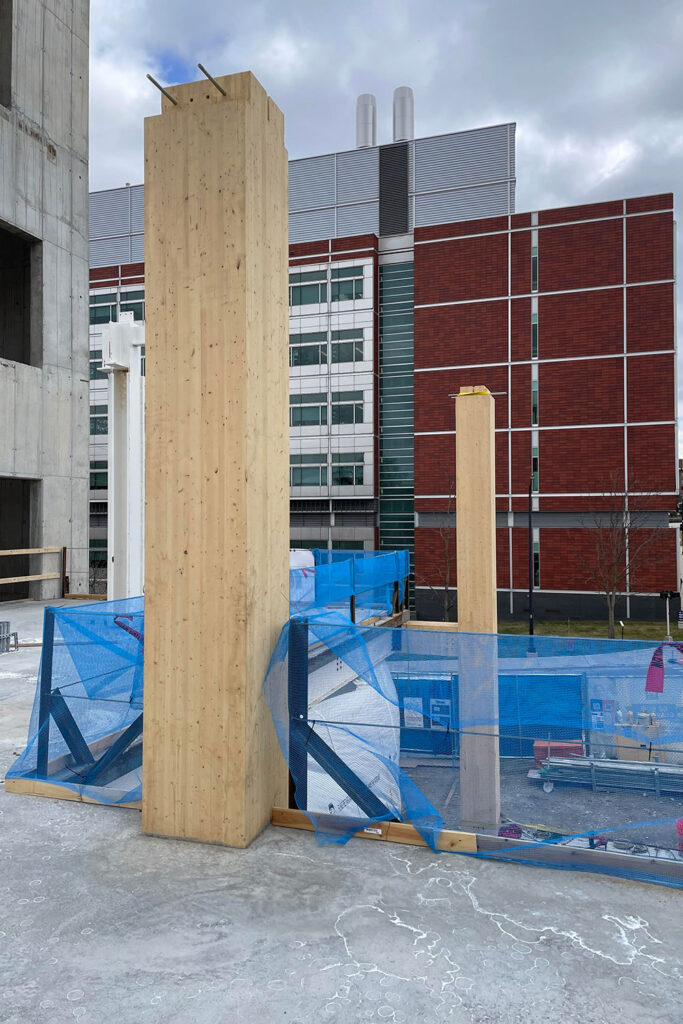 Photo of mass-timber construction efforts are underway at College of Pharmacy building site