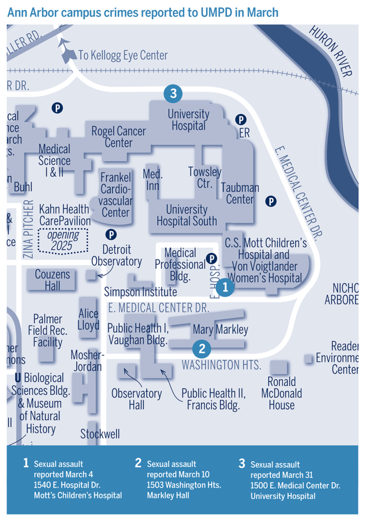 A map of crimes around U-M's campus in March 2024.