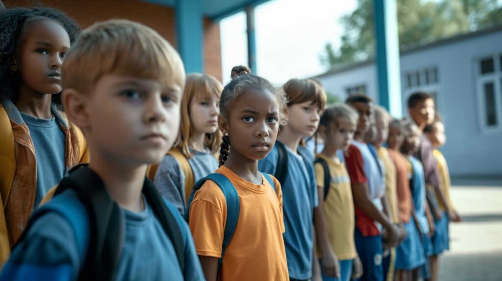 Concept photo of a group of somber school children. Image credit: Nicole
Smith, made with Midjourney
