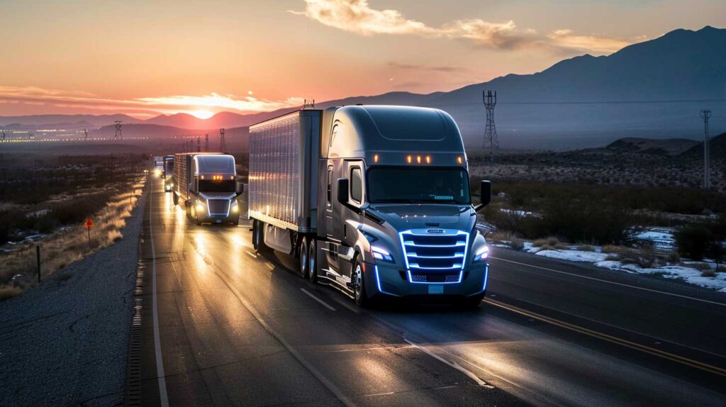 Concept illustration of automated electric long-haul trucks. Image credit: Nicole Smith, made with Midjourney