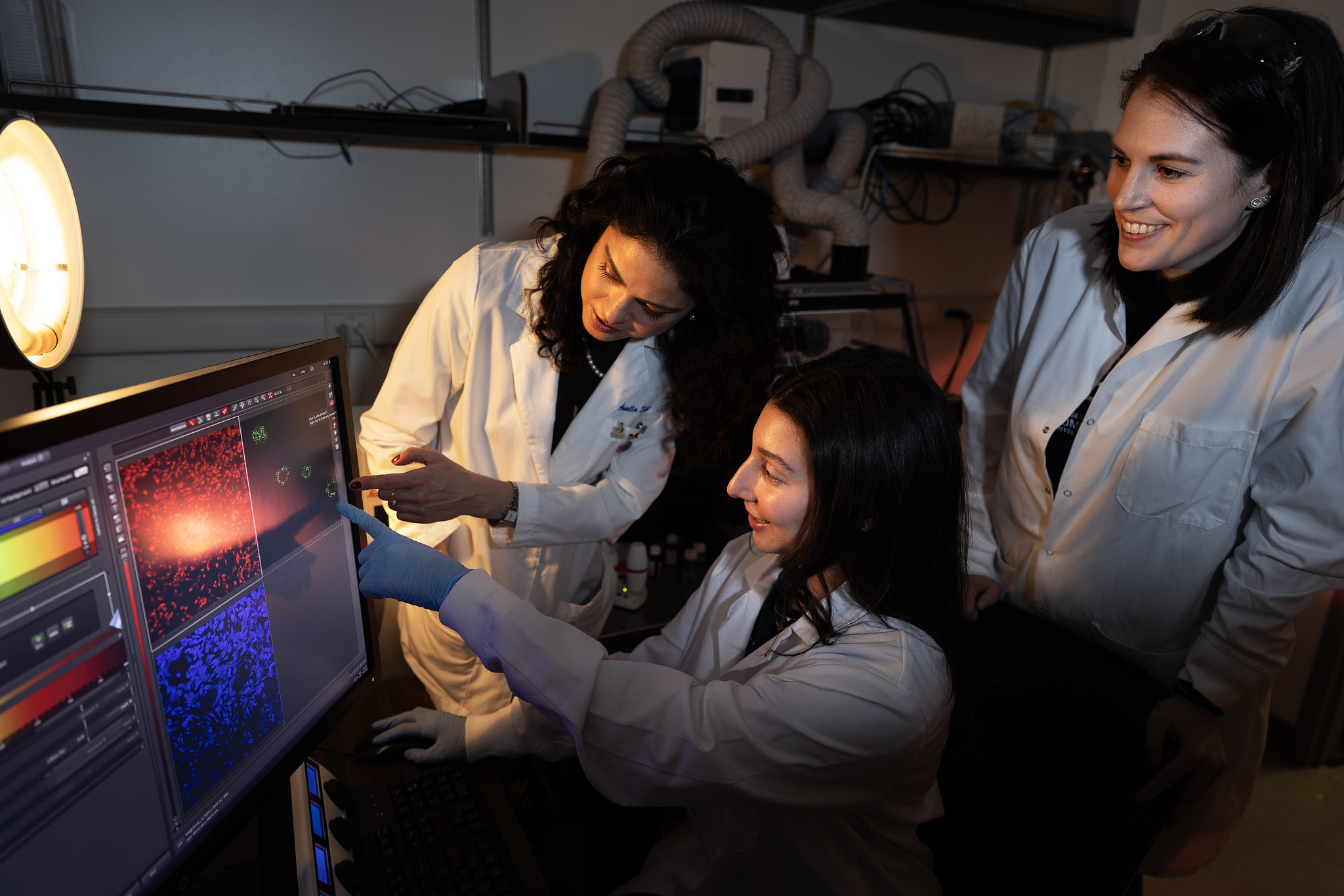 University of Michigan BME graduate student Jordan Machlin shows to prof. Ariella Shikanov and fellows grad student Margaret Brunette the images of oocytes in ovarian tissue she collected using RNA-fluorescence in situ hybridization. Image credit: Marcin Szczepanski, Michigan Engineering