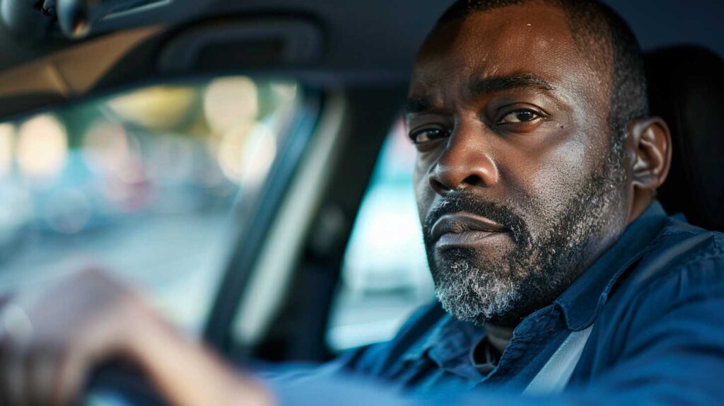 Concept illustration of a Black man driving a car. Image credit: Nicole Smith, made with Midjourney