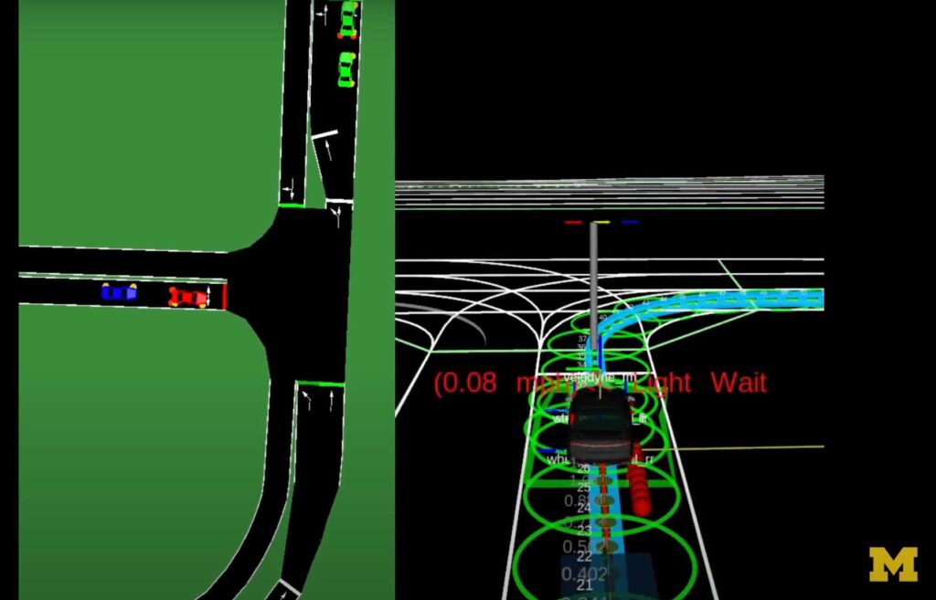 On the left side of the image, what looks like a T-junction in a roadway is mapped in black on a green background. Two cars, red and blue, arrive from the west. Two green cars depart to the north. The roadway to the south is empty. On the right side of the image, the roadway is outlined in white on a black background, and the viewer takes the perspective of a car arriving from the west. A teal line suggests an anticipated right turn, and red text warns of a light wait.