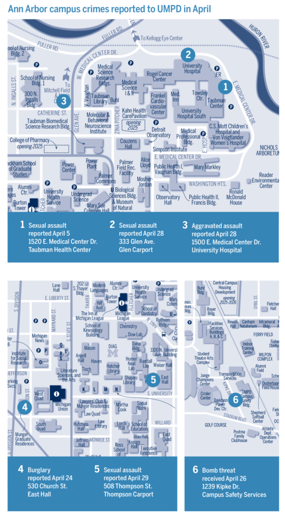 A map of crimes reported at U-M in April 2024