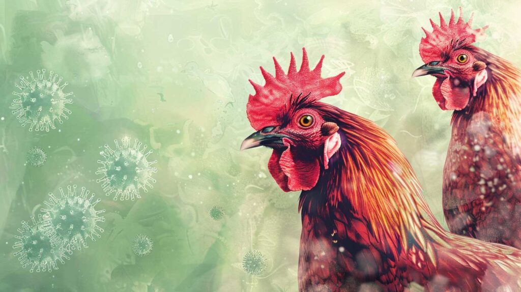 Concept illustration of a chicken with virus particles in the background. Image credit: Nicole Smith, made with Midjourney