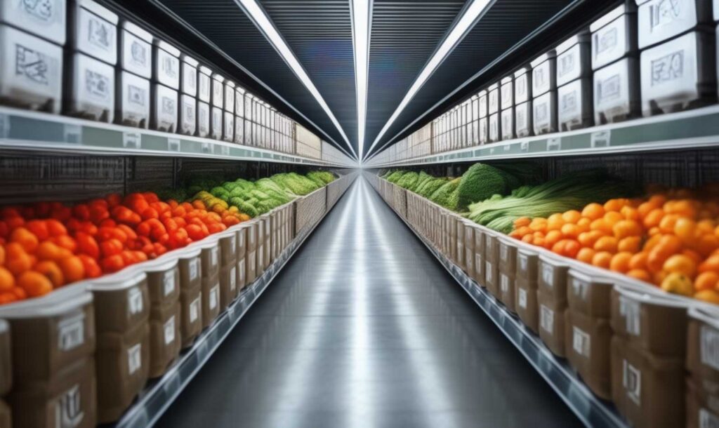 Concept photo of a long row of boxes filled with fruits and vegetables in the background, depicting a modern supermarket interior. Image credit: Nicole Smith, made with Stable Cascade