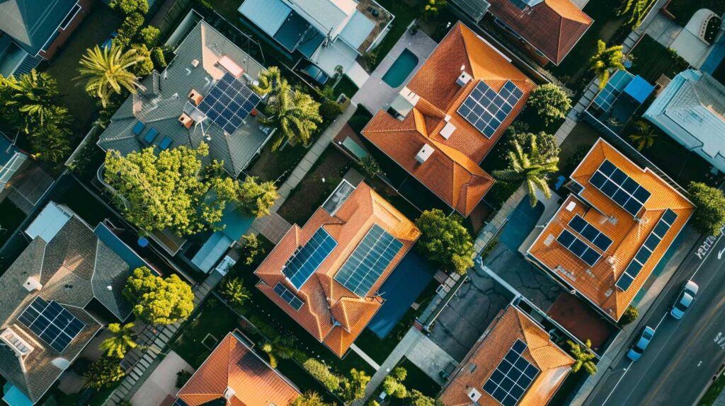 Concept photo of an aerial view of a neighborhood, featuring a series of houses equipped with solar panels. Image credit: Nicole Smith, made with Midjourney