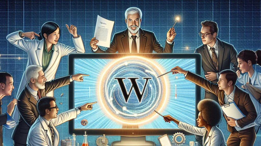 Concept illustration of academic professionals contributing to digital knowledge. Image credit: Nicole Smith, made with Dall-E