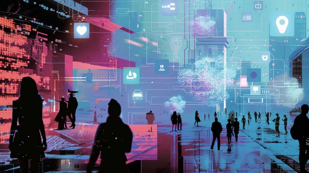 Concept illustration of the societal and policy issues surrounding artificial intelligence. Image credit: Nicole Smith, made with Midjourney
