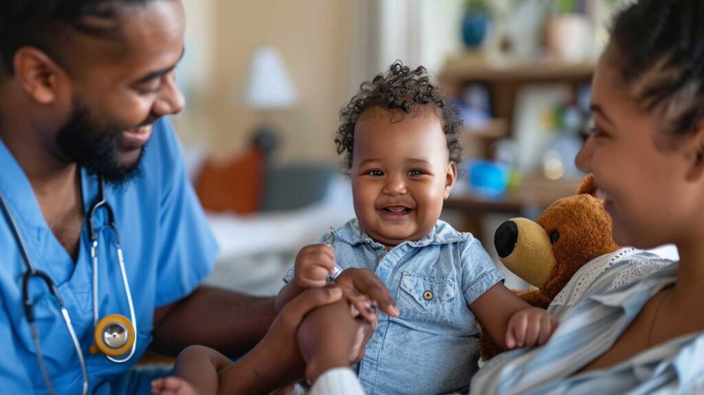 Concept photo of nurse visiting a baby and parents in their home. Image credits: Nicole Smith, made with Midjourney.