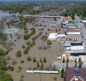 An overhead view of flooding in Midland, Mich., in May 2020.