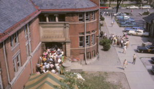 Color image, overhead, shows the front of a Waterman line in 1964. (Image courtesy of U-M Alumni Association and Karen W. Morse)