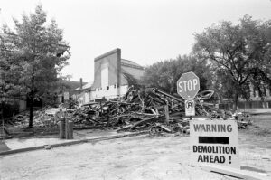 The end of Waterman in 1977 after 80 years. Big construction zone. (Image courtesy of Bentley Historical Library)