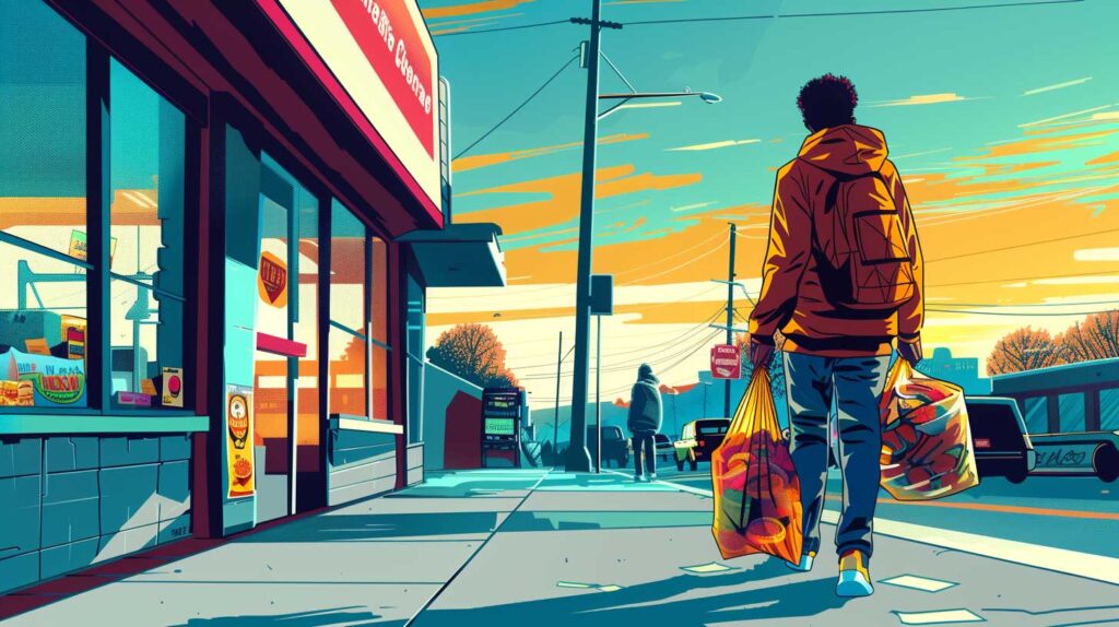 Concept illustration of a man walking away from a convenience store, holding cheap plastic shopping bags filled with chips and candy and cookies. The background is an urban landscape with a couple of people and cars, wide-angle view. Image credit: Nicole Smith, made with Midjourney