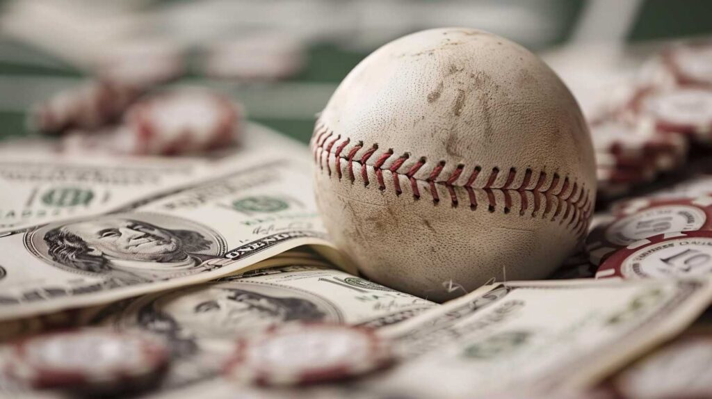 Concept photo of a baseball sitting on cash. Image credit: Nicole Smith, made with Midjourney