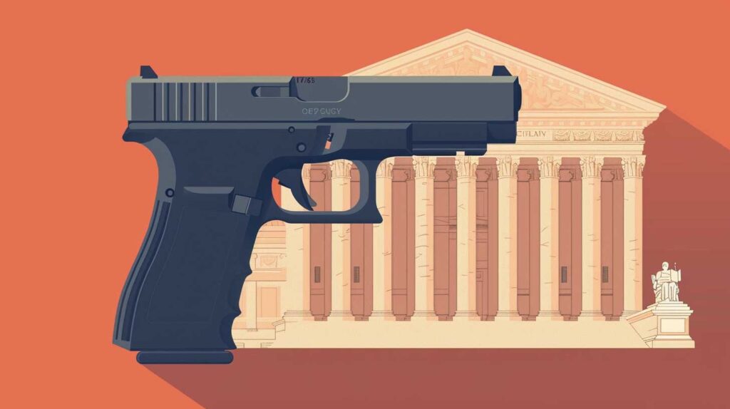Concept illustration of a handgun superimposed over the Supreme Court. Image credit: Nicole Smith, made with Midjourney