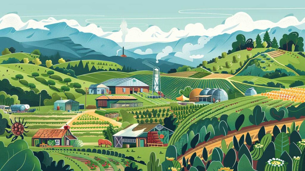 Concept illustration of a vibrant agricultural landscape showcasing a diverse, thriving farm with a mix of crops, animals, and sustainable farming practices. The scene includes farmers of different backgrounds working together harmoniously, incorporating traditional Indigenous farming techniques. In the background, there's a stark contrast with industrial agriculture--large monoculture fields and factory farms emitting pollution. The foreground focuses on the lush, biodiverse agroecological farm, with rich green plants, colorful crops, and healthy soil. The overall mood is hopeful and energetic, emphasizing the principles of sustainability, resilience, and fairness. Image credit: Nicole Smith, made with Midjourney