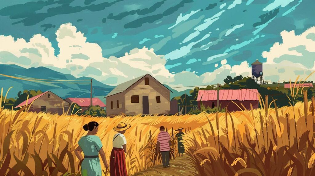 Concept illustration of migrant farm workers and housing. Image credit: Nicole Smith, made with Midjourney