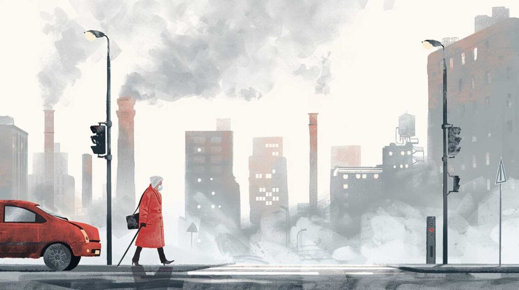Concept illustration of a cityscape with noticeable air pollution, depicted in a realistic style. The scene shows an elderly person walking with assistance, wearing a mask, and navigating through the polluted environment. In the background, there are visible sources of pollution like cars emitting exhaust and industrial smokestacks. The overall mood is somber, highlighting the impact of prolonged exposure to traffic pollution on older adults' health and independence. Subtle watercolor effects are used to soften the harshness of the pollution, while still conveying the gravity of the situation. Image credit: Nicole Smith, made with Midjourney