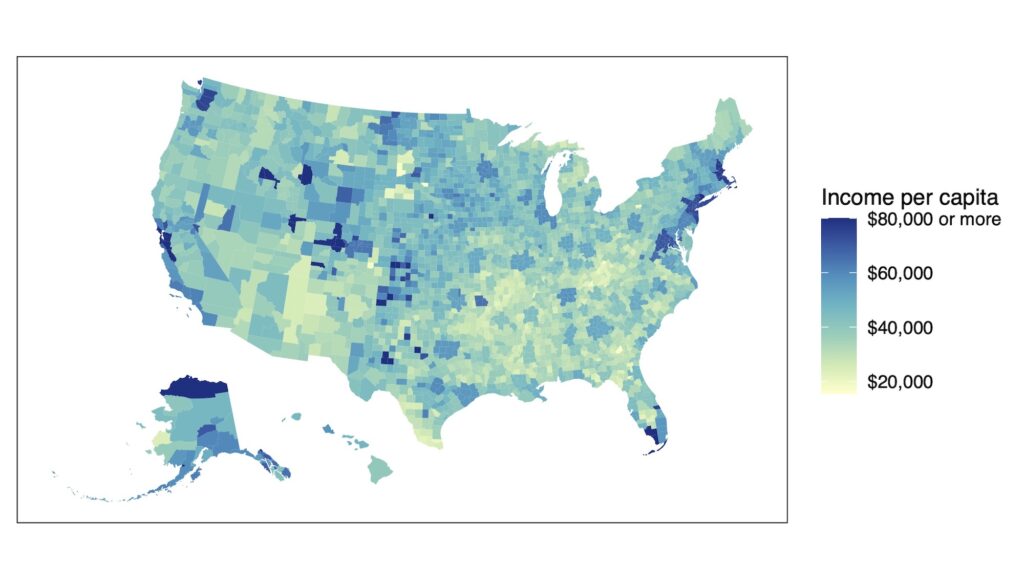 Map of personal income per capita in US Core-Based Statistical Areas, 2019. Per capita incomes were highest in metropolitan areas on the East and West Coasts and in tourism and natural resource centers in the interior West