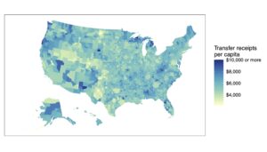 Map of transfer receipts per capita in US Core-Based Statistical Areas, 2019. Transfer receipts varied widely across the country, from just over $2000 per capita in the Aleutians West Census Area, AK to over $12,000 per capita in The Villages, FL.