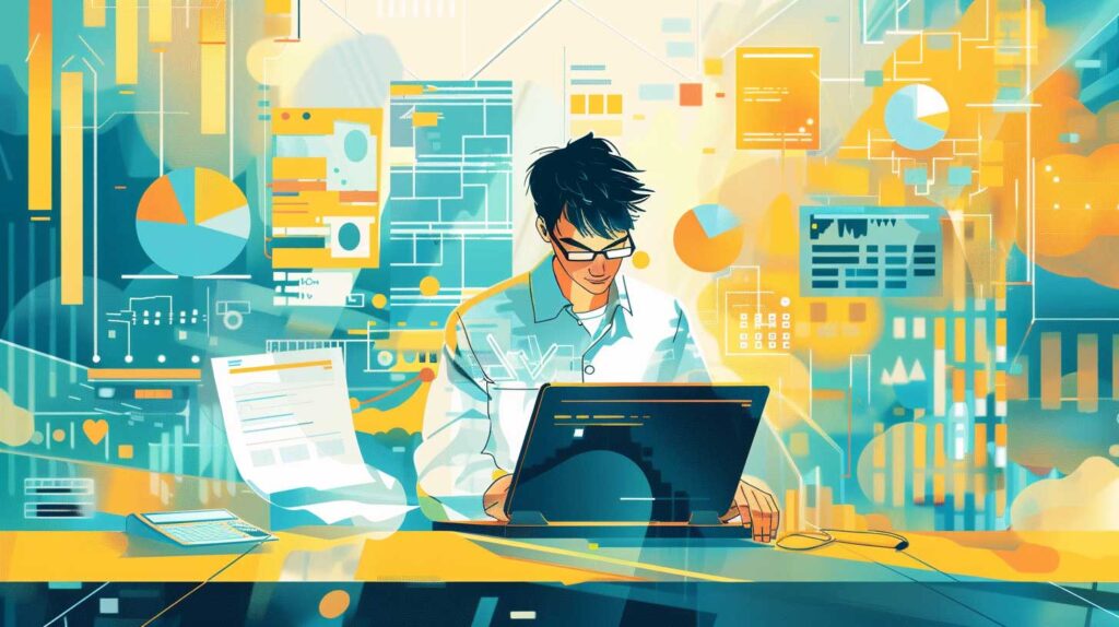 Concept illustration of a young economist in a professional setting, engaged with a laptop displaying a Twitter (X) feed. The scene shows a tweet about their job market paper being retweeted by a prominent economist. The background includes abstract elements representing social media connectivity and increased visibility, with graphs and statistics subtly integrated. The atmosphere is vibrant and modern, symbolizing the power of social media in boosting job prospects. Image credit: Nicole Smith, made with Midjourney