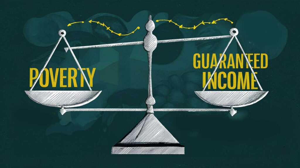 Concept illustration of poverty and guaranteed income balanced on a scale. Image credit: Nicole Smith