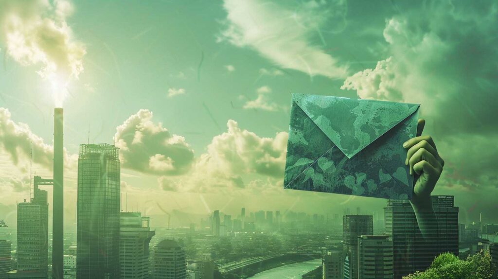 Concept illustration of a hand holding an envelope with green clouds and the city skyline in background, symbolizing sustainable business practices. Image credit: Nicole Smith, made with Midjourney