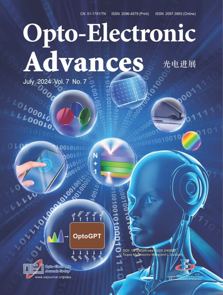 Cover of the journal Opto-Electronic Advances for July 2024: A dark blue background with the profile of a robot in the foreground features seven bubbles, each containing images related to OptoGPT. Two bubbles feature graphics of OptoGPT’s process: a flowchart of the light spectrum input and material composition output and a graphic of stacked layers of a multilayer film structure. The other five bubbles show applications of OptoGPT: phone touch screens, color filters, solar cells, car windows, and optical filters.