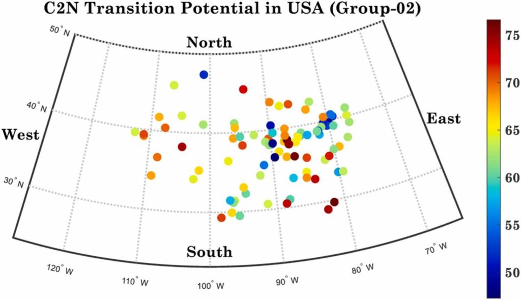 The plot shows many sites of low to middling feasibility for a coal-to-nuclear transition, with few clear patterns across geography. The highest feasibility sites are somewhat more concentrated in the northeastern quadrant of the plot. The south shows mainly middling feasibility scores, with slightly higher middling scores in the west.
