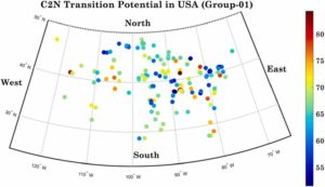 The plot is dominated by sites with middling to high feasibility, with the lowest feasibility sites concentrated in the northeastern quadrant, while the southeastern quadrant has a higher share of the highest feasibility sites.