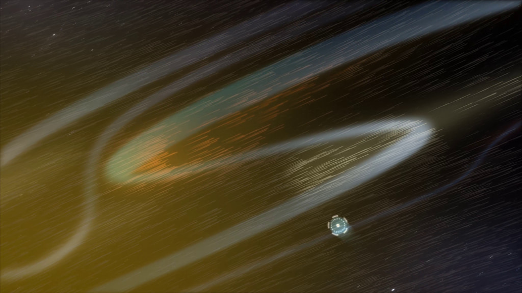 Parker Solar Probe appears as a small icon out in space. It's flying through the orange and yellow plasma of the sun, toward a magnetic field line. Most of the lines are straight, but the magnetic field line that the probe is flying towards is shaped like the letter "S."