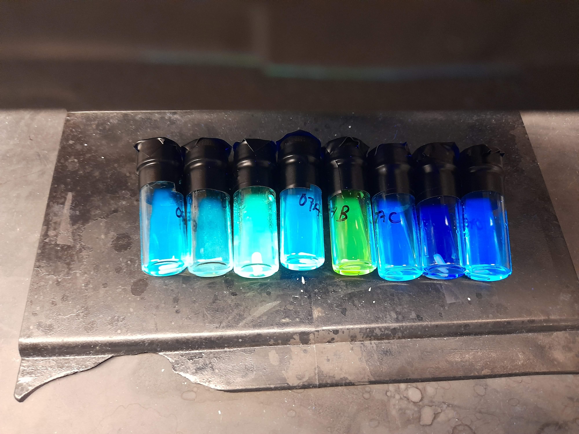 Visualization of reaction mixtures prior to irradiation shows emission of different photocatalysts in a catalyst screen during optimization. Image credit: Emily Wearing