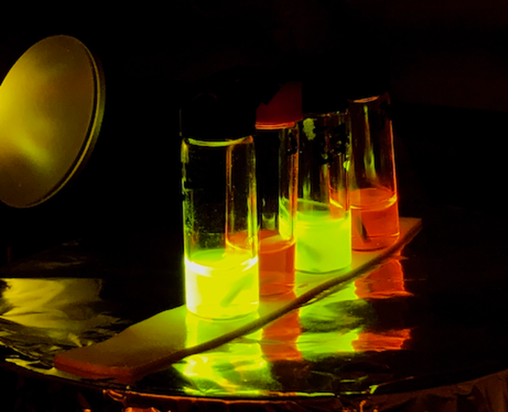 Closeup of vials in a photoreactor (not specifically this reaction, but the same set-up). Image credit: Katie Rykaczewski