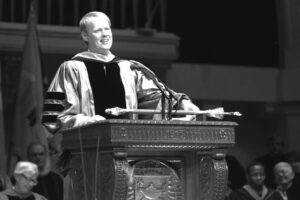 James J. Duderstadt addresses the audience at his inauguration as the university’s 11th president on Oct. 6, 1988.
