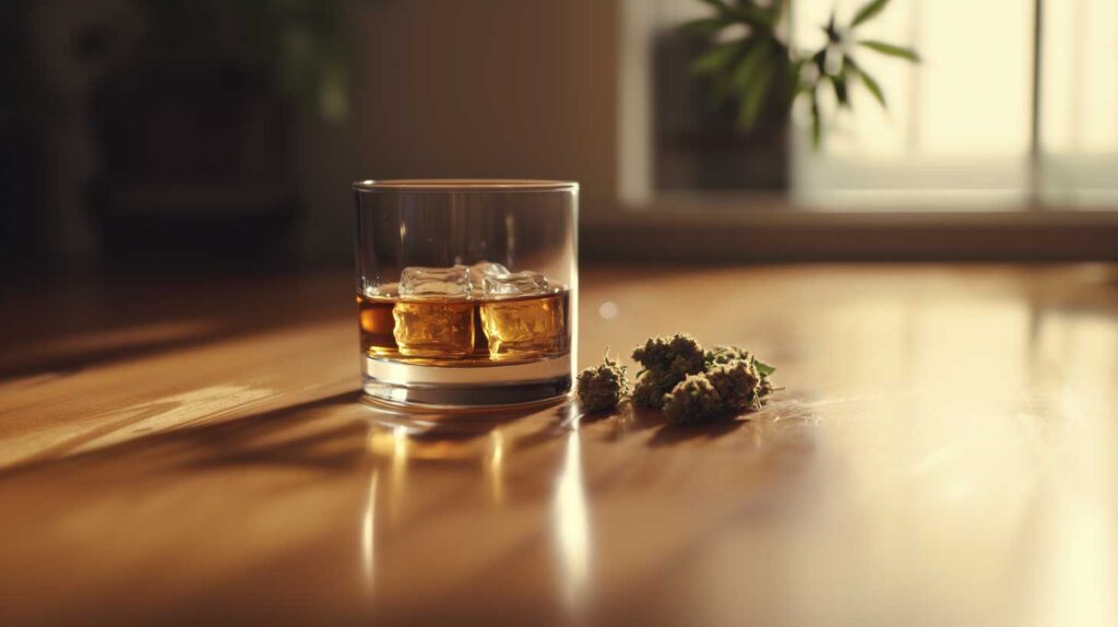 Concept illustration of a glass of alcohol next to some cannabis. Image credit: Nicole Smith, made with Midjourney