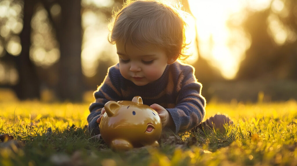 Concept illustration of a young child examining a small piggy bank. Image credit: Nicole Smith, made with Midjourney