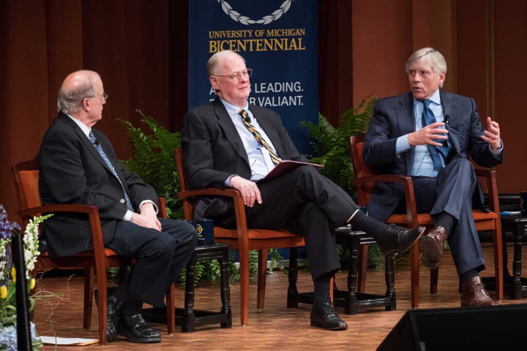 Former University of Michigan presidents James Duderstadt (center), Harold Shapiro (left) and Lee Bollinger (right) during a celebration of U-M’s bicentennial in April 2017. Image credit: Michigan Photography